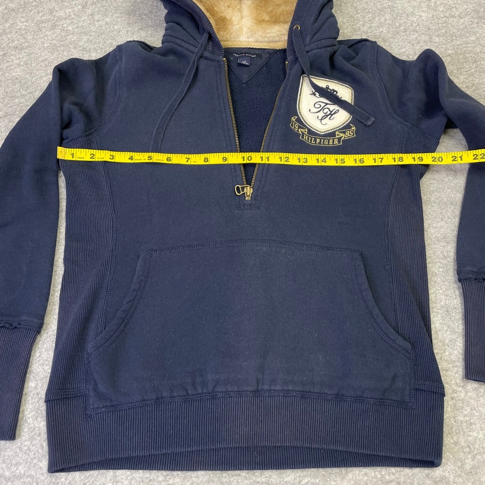 Y2K Tommy Hilfiger Navy Faux Fur Lined Quarter Zip Hoodie Crest Logo Small - Picture 13 of 16